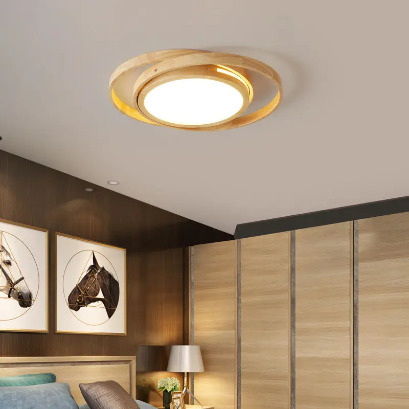 Contemporary Creative Ring Round Acrylic Rubberwood LED Flush Mount Ceiling Light For Living Room
