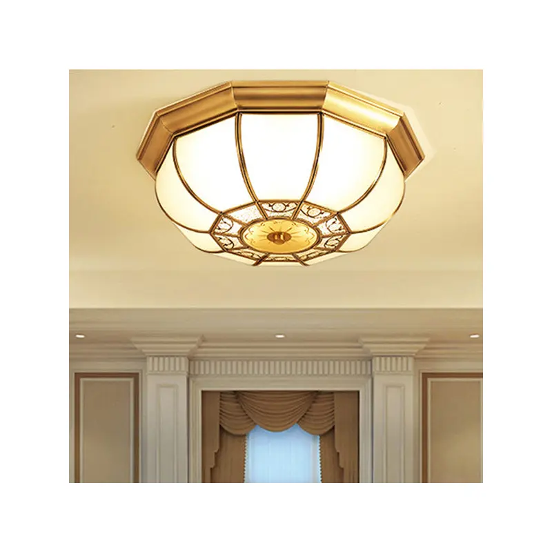 Traditional European Copper Printed Glass Round Petal 3/4/6 Light Flush Mount Ceiling Light For Bedroom