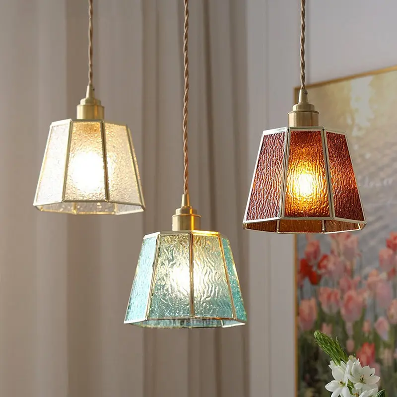 Traditional Vintage Polygonal Trapezoidal Glass Brass 1-Light Pendant Light For Living Room