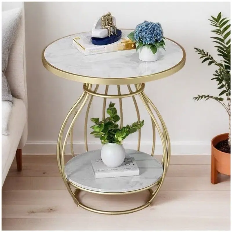 Modern Minimalist Round Oval Square Metal Rock Slab Side Table 2-Tier For Living Room