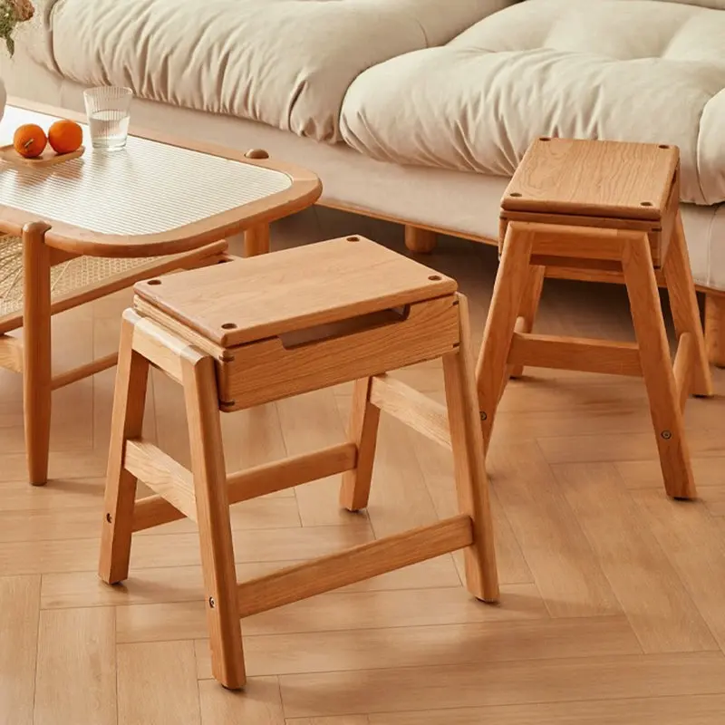 Contemporary Retro Rectangular Solid Wood Stackable Multi-Functional Storage Low Stool Footrest For Living Room
