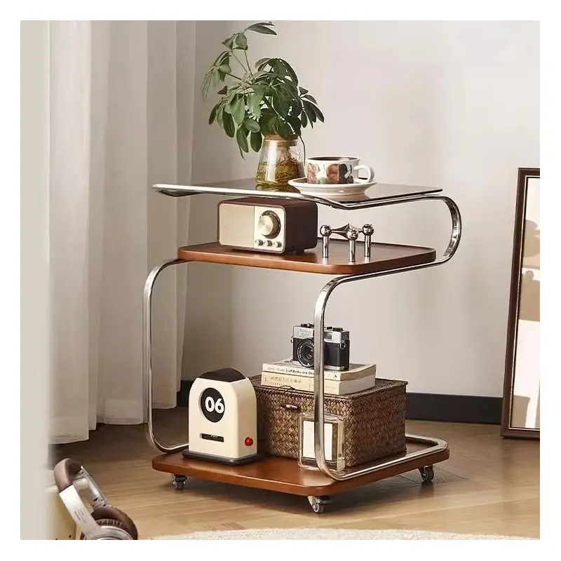 Contemporary Scandinavian Geometry Square Glass Solid Wood Stainless Steel Side Table 3 - Tier For Dining Room