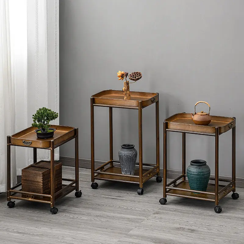 Traditional Chinese Removable Rectangular Nan Bamboo End Table 2-Tier For Living Room