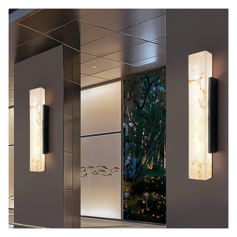 Traditional Chinese Waterproof Imitation Marble Stainless Steel Rectangular LED Wall Sconce Lamp For Outdoor Patio