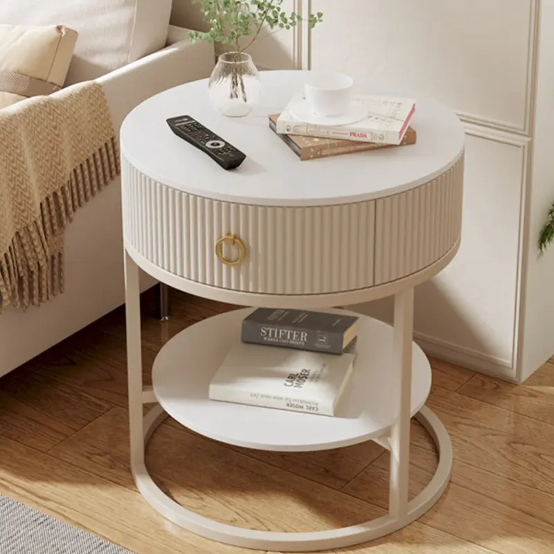Modern Minimalist Round Cylinder Striped Rock Slab PP Carbon Steel End Table 1-Drawer 2-Tier For Living Room
