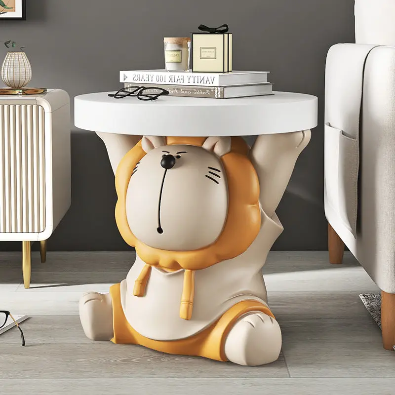Contemporary Creative Animal Lion Resin Fiberglass Round Top Side Table For Living Room