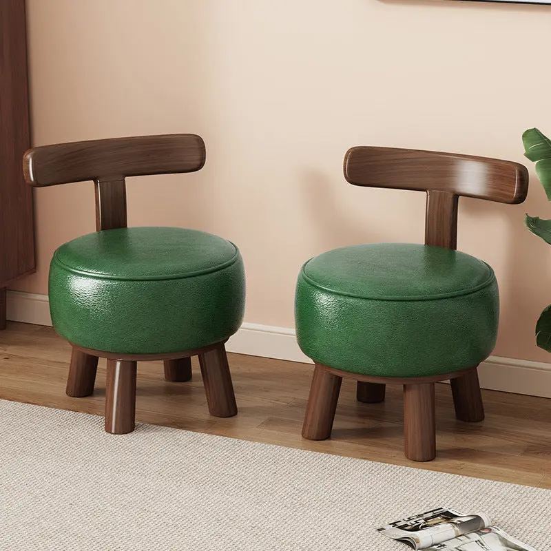 Contemporary Retro Oil-waxed Leather Wood Sponge Round Low Stool Swivel Backrest For Living Room