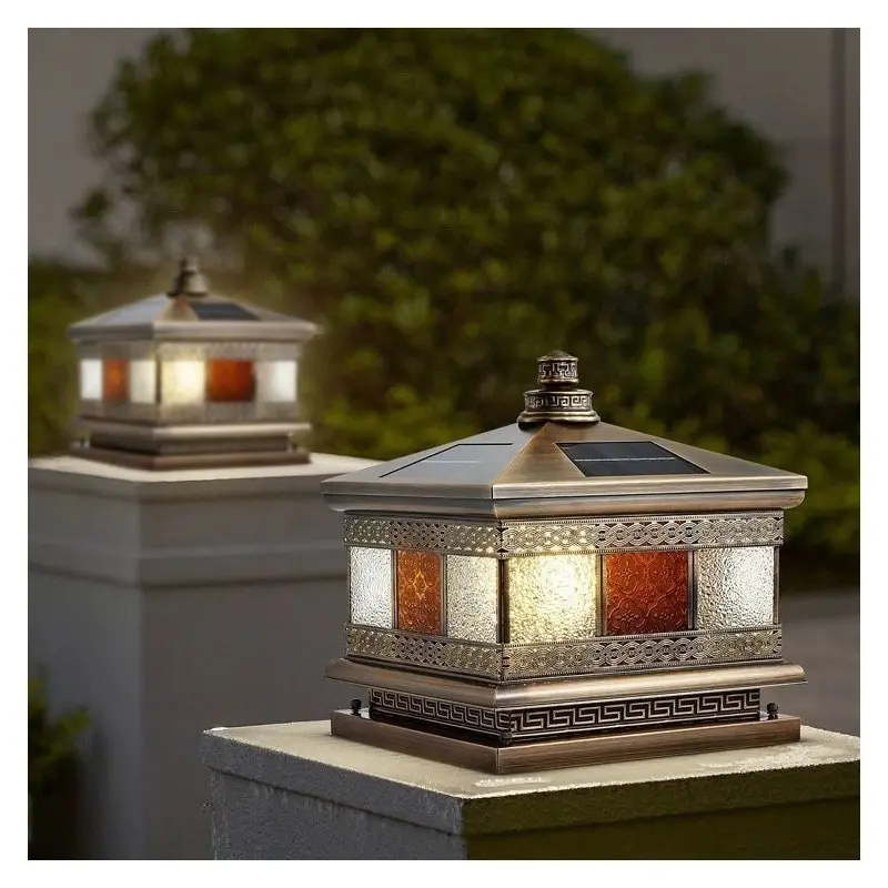 Contemporary Retro Solar Waterproof Copper Glass Square Palace Printed 1-Light LED Outdoor Pillar Light Landscape Lighting For Garden