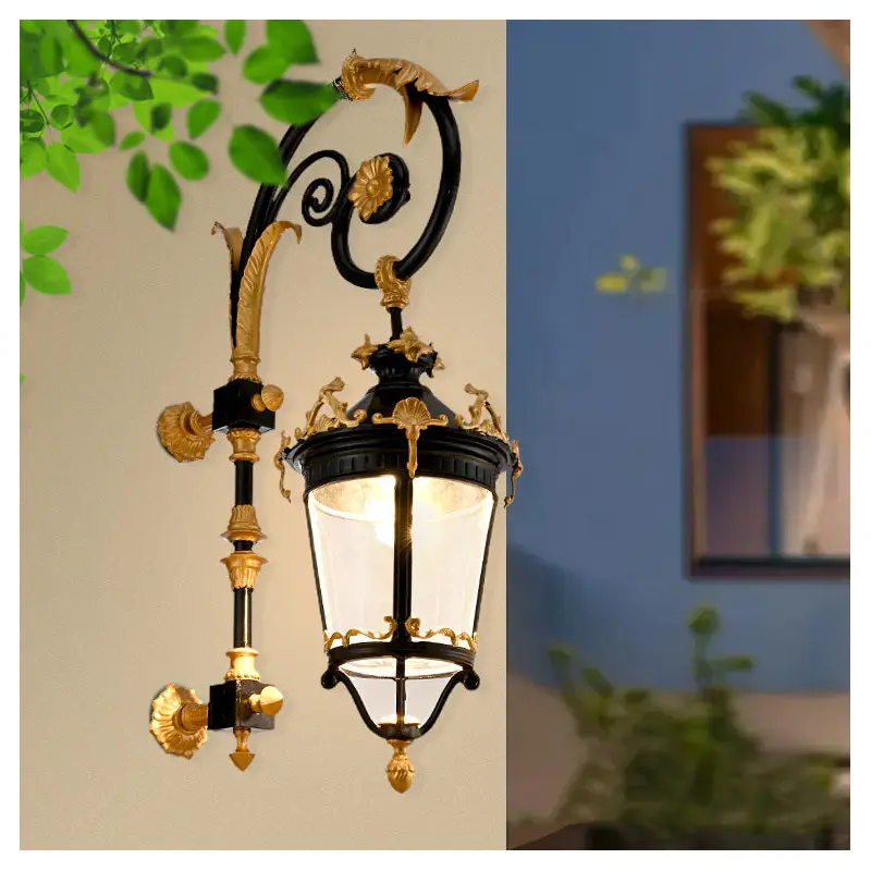 Traditional European Waterproof Aluminum Glass Lantern Carved LED Wall Sconce Lamp For Outdoor Patio