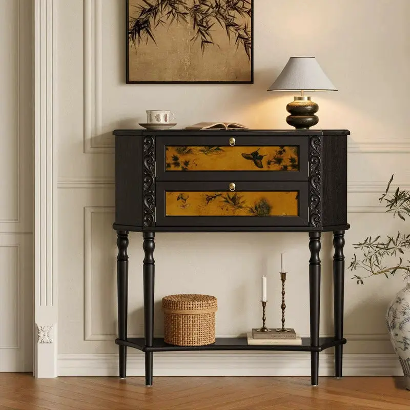 Traditional French Ash Wood Muslin Trapezoidal Carved Side Table 2-Cabinet For Entryway