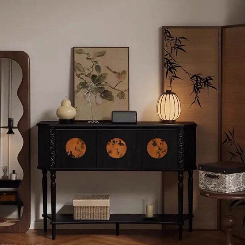 Traditional French Solid Wood Handmade Muslin Trapezoidal Carved Side Table 3-Cabinet For Entryway