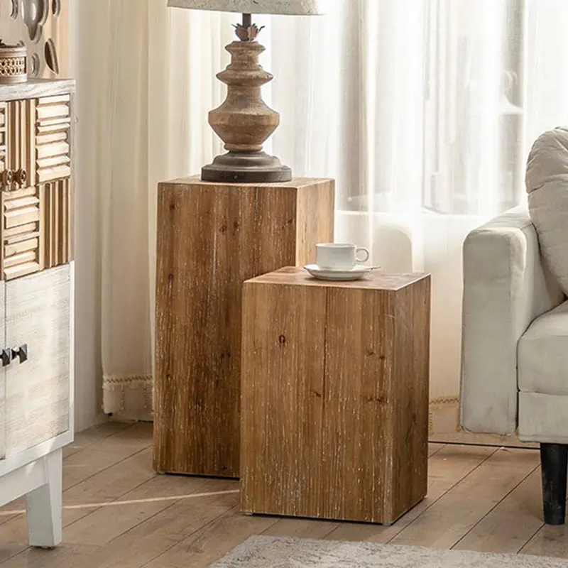 Traditional Vintage Fir Wood Cylinder Square Wood Grain End Table For Living Room