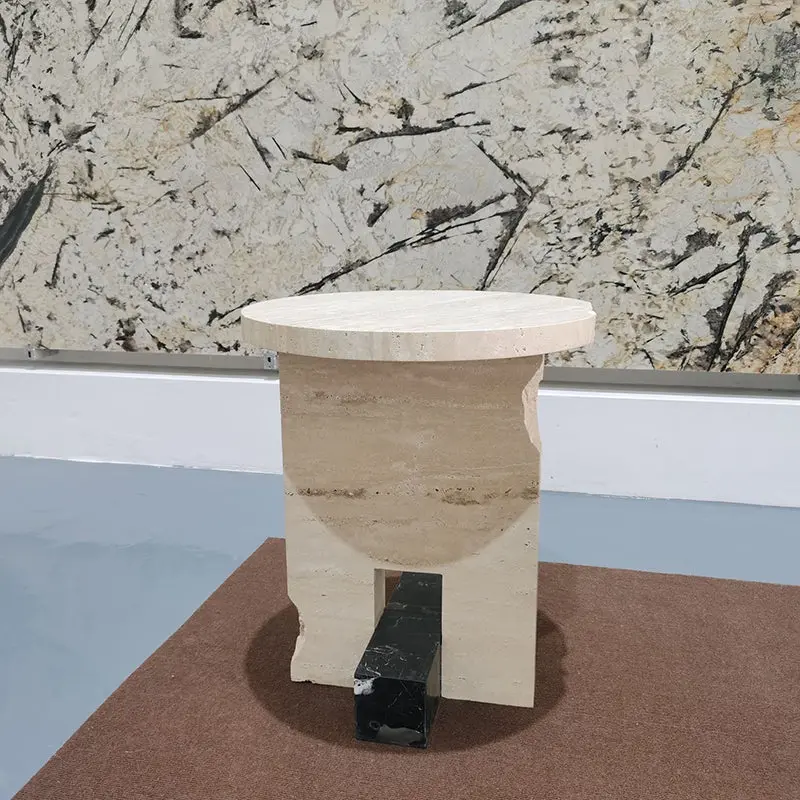 Traditional Chinese Round Long Marble Stone End Table 1-Tier For Living Room