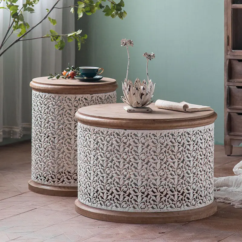 Traditional French Pattern Mesh Cylinder Pine Iron Side Table 1 - Tier For Living Room