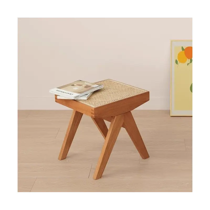 Modern Minimalist Rectangular Rattan Wooden Low Stool For Living Room