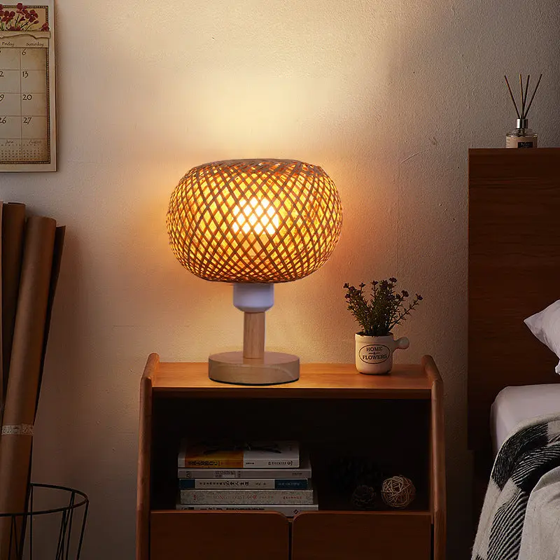 Traditional Rustic Wood & Bamboo Hollow Woven Round 1-Light Table Lamp For Bedroom & Living Room