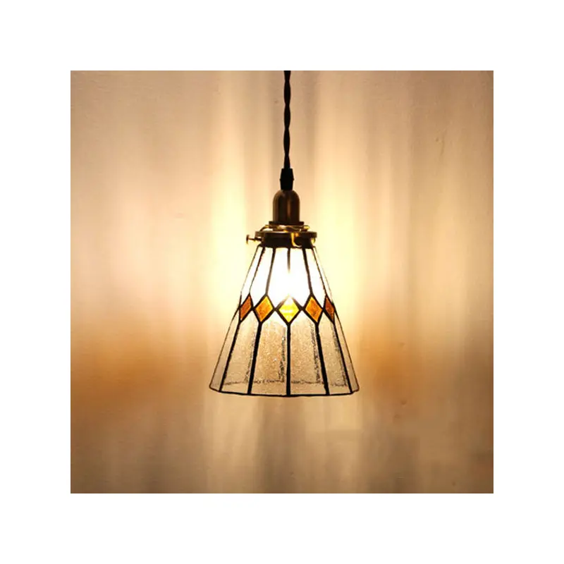 Traditional Vintage Iron & Glass Ribbed Cone 1-Light Pendant Light For Bedroom & Living Room