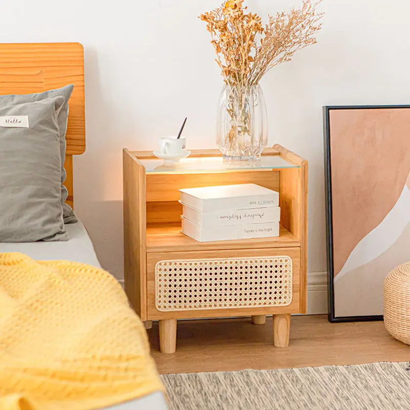 Traditional Japanese Weaving Rattan Glass Wood Rectangular Nightstand 1-Drawer For Bedside