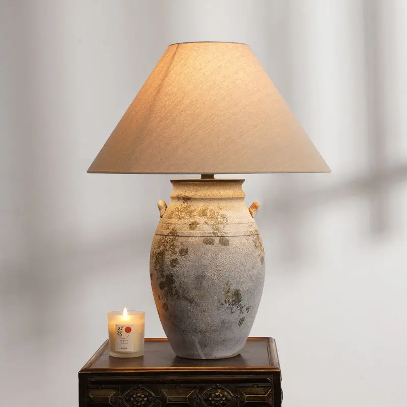 Traditional Vintage Ceramic Fabric Metal Conic Pot 1-Light Table Lamp For Bedside