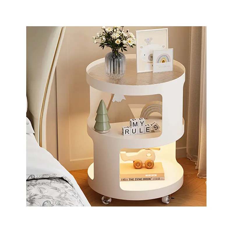 Contemporary Industrial Round Iron Glass Nightstand 2-Tier For Bedroom