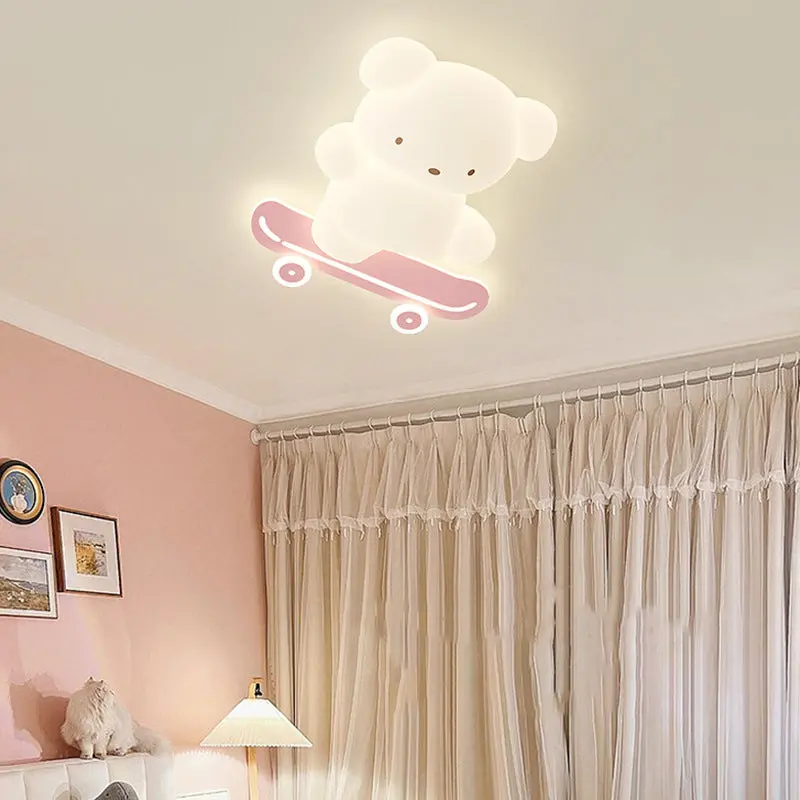 Contemporary Creative Cartoon Kids Skateboard Bear PE Iron LED Flush Mount Ceiling Light For Bedroom