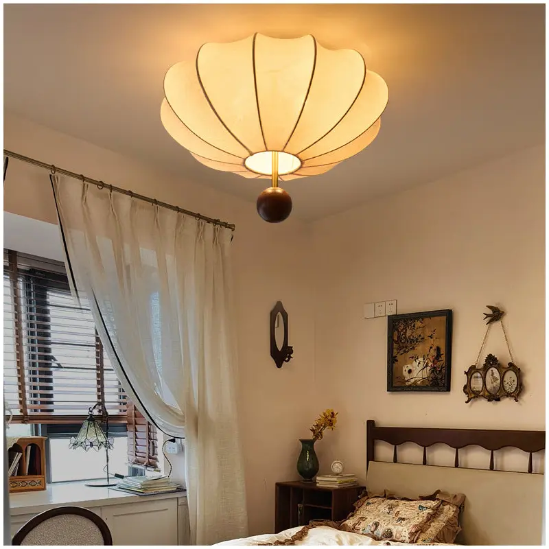 Traditional French Cream Round Oval Hardware Wood Fabric 3/4 Light Flush Mount Ceiling Light For Bedroom
