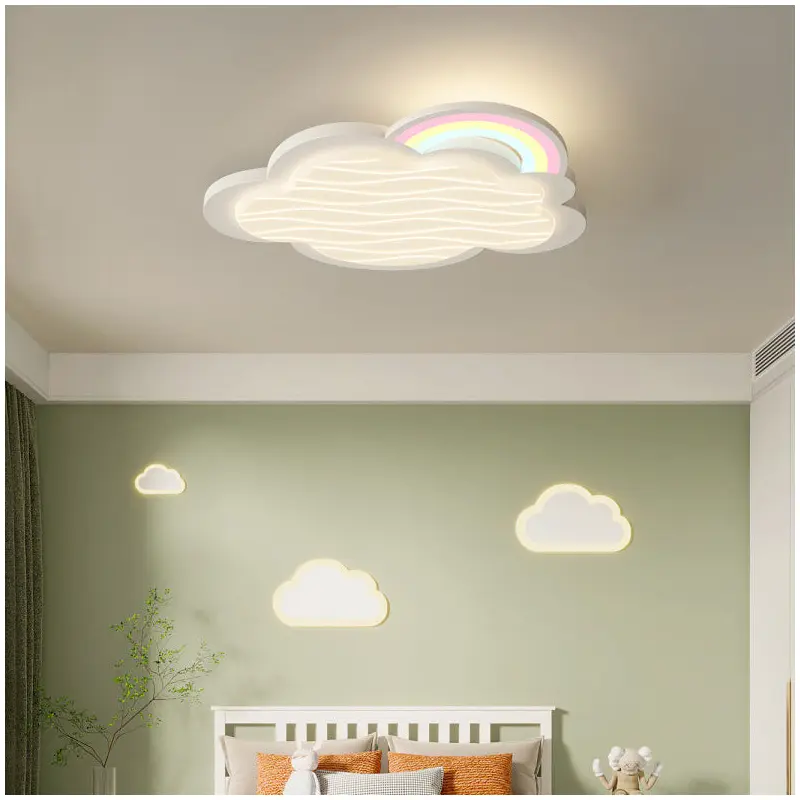 Contemporary Creative Kids Cartoon Cloud Sun Rainbow Iron Acrylic LED Flush Mount Ceiling Light For Bedroom