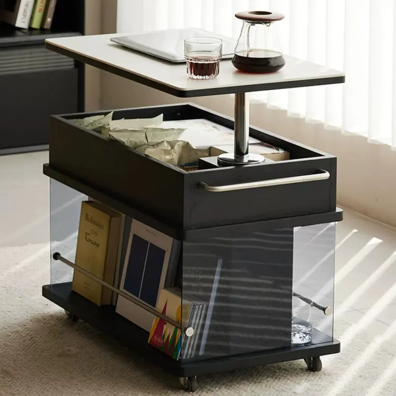 Contemporary Scandinavian Movable Liftable Swivel Rectangular Glass Oak Rock Slab Stainless Steel Side Table 3-Tier For Living Room