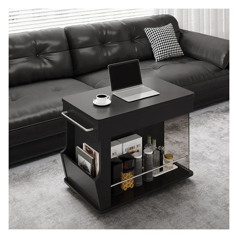 Modern Minimalist Movable Liftable Swivel Rectangular Wood Hardware Glass Side Table 3-Tier For Living Room