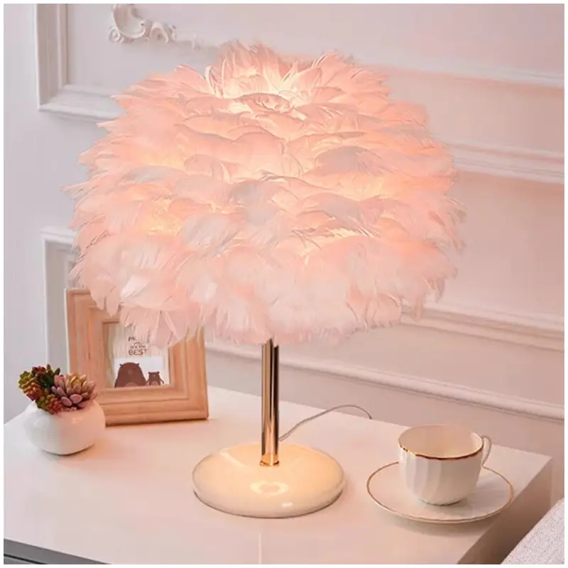 Contemporary Creative Feather Oval Shade Ice Cracked Ceramic Base 1-Light Table Lamp For Bedroom
