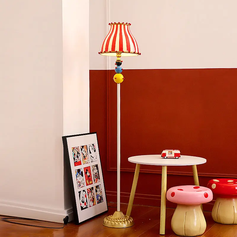 Contemporary Creative Circus Red & White Striped Glass Round Shade Iron 1-Light Standing Floor Lamp For Bedroom