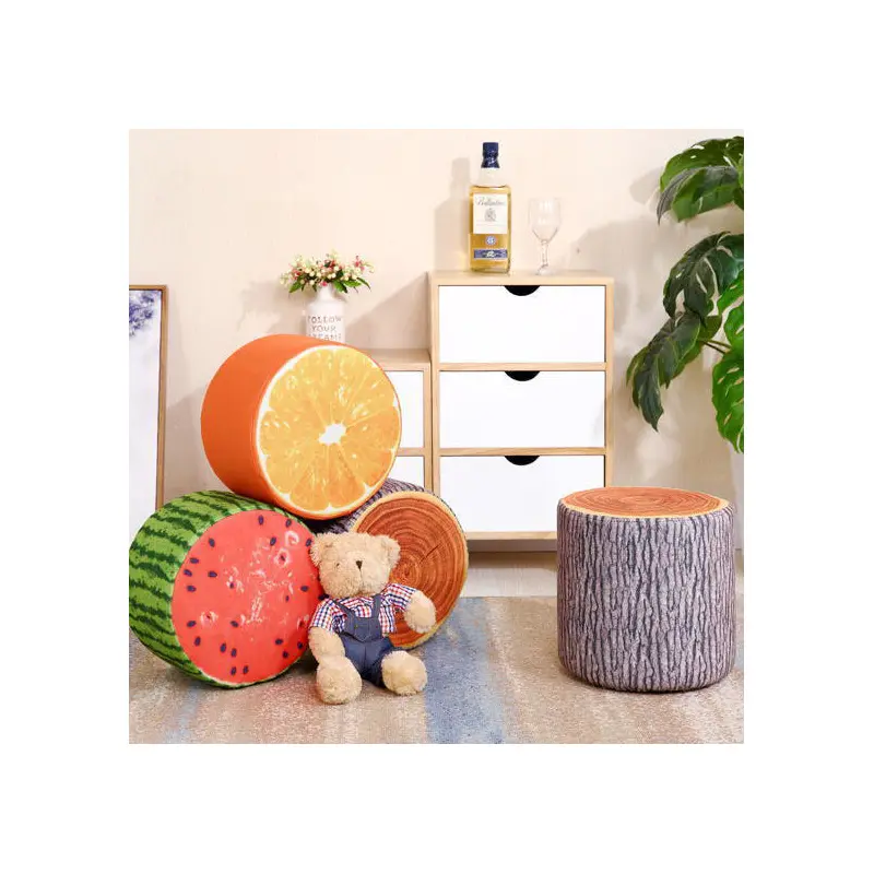 Contemporary Creative Fabric & Solid Wood Cylindrical Fruit-Themed Low Stool With Removable Cover For Bedroom & Living Room