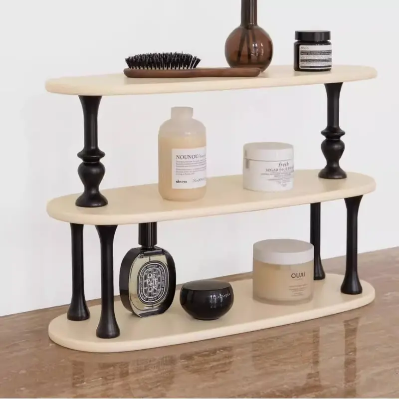 Traditional French MDF Wood Oval Roman Column Side Table Storage Shelf 3-Tier For Bedroom