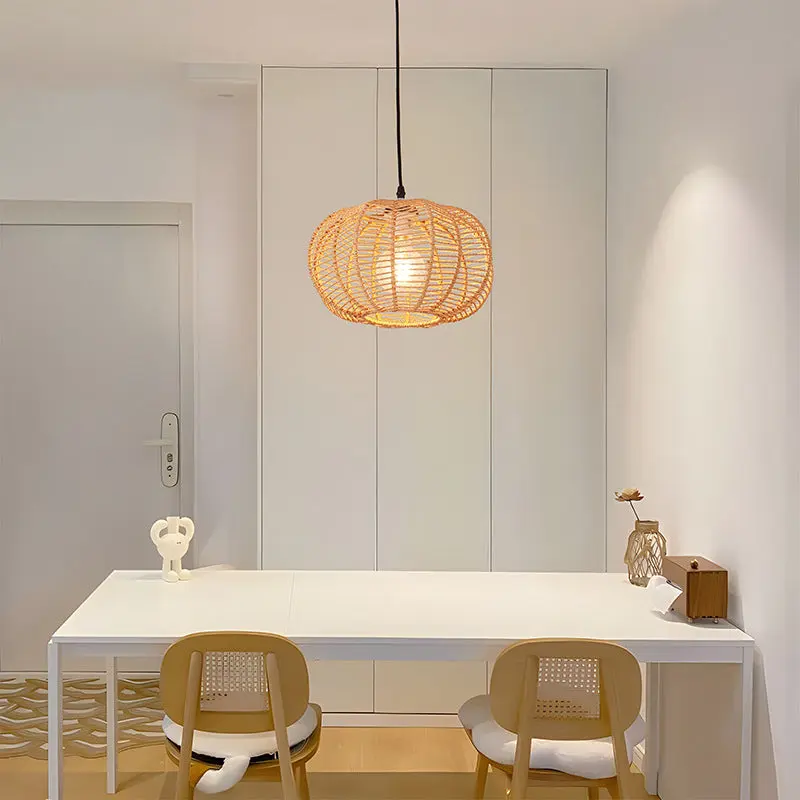 Traditional Vintage Lantern Round Hollowed Out Rattan Iron 1-Light Pendant Light For Living Room