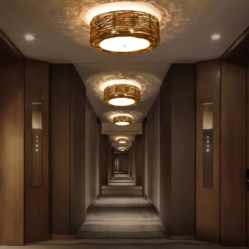 Traditional Rustic Round Rattan Acrylic 1-Light Flush Mount Ceiling Light For Bedroom