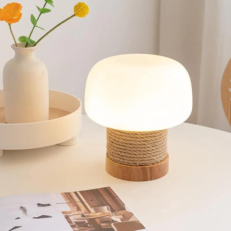 Traditional Japanese Mushroom Glass Lampshade Hemp Rope Weaving Round Oak Base LED Table Lamp For Living Room