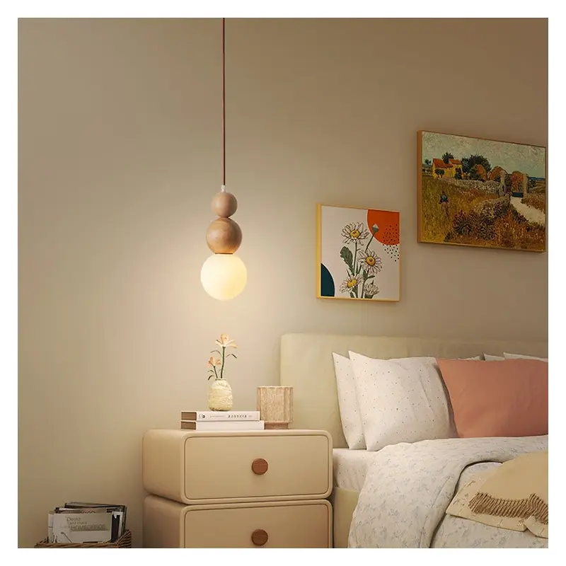 Traditional Vintage Solid Wood & Glass Round Gourd 1-Light Pendant Light For Bedroom & Living Room