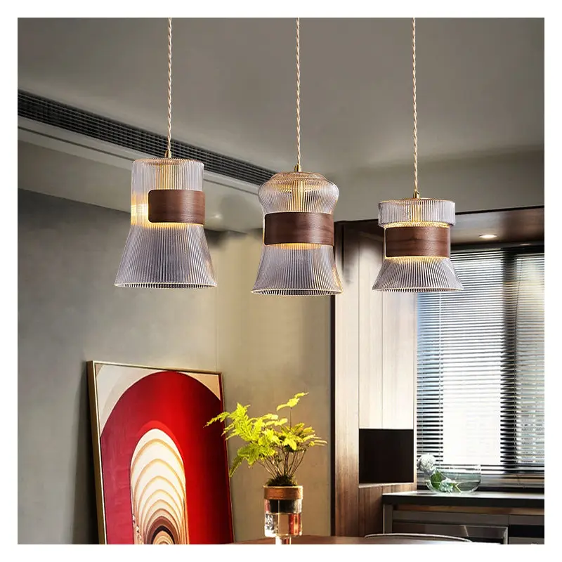 Traditional Vintage Wood, Glass & Brass Irregular Geometric Cylinder 1-Light Pendant Light For Bedroom & Living Room