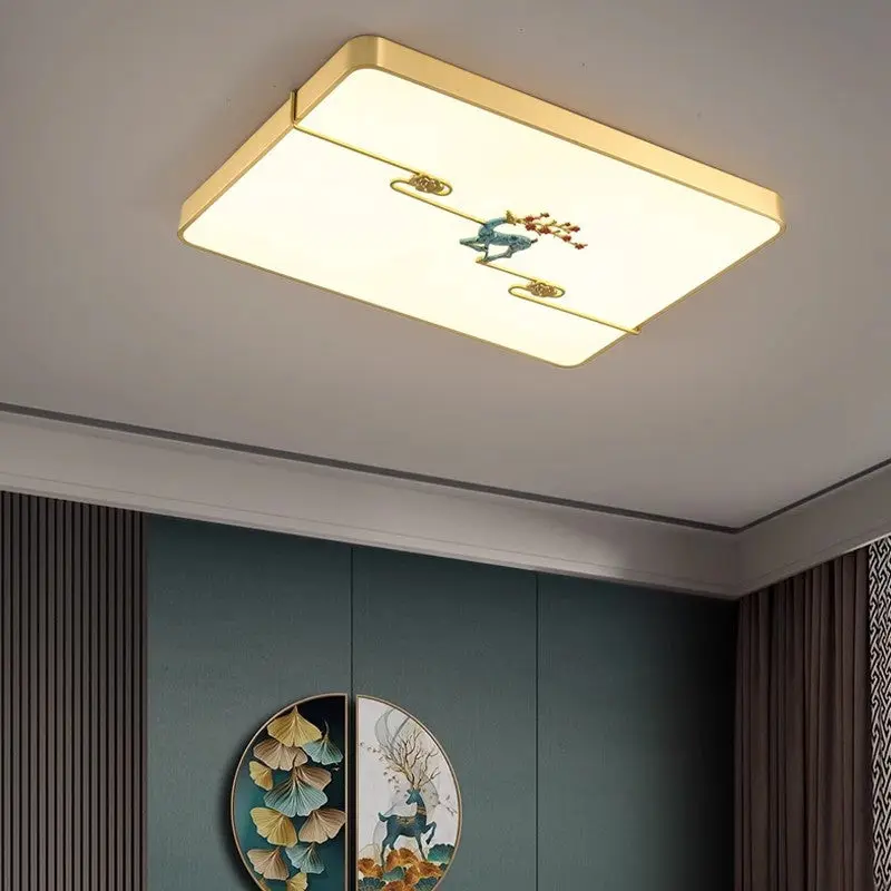 Traditional Chinese Brass Enamel & Acrylic Round Square Rectangular Deer Auspicious Cloud LED Flush Mount Ceiling Light For Bedroom & Living Room