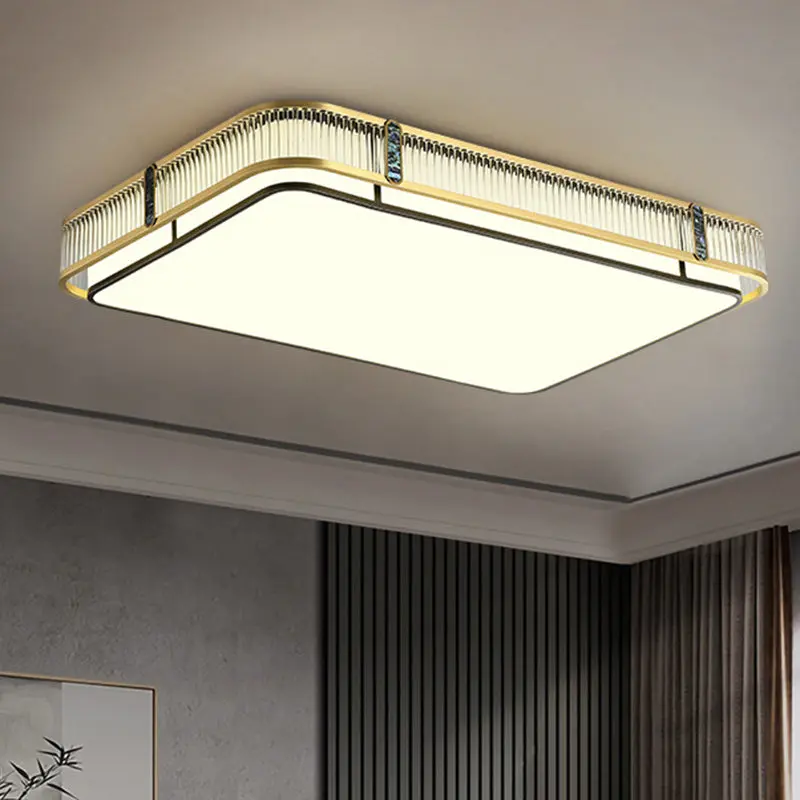 Traditional Chinese Full Brass & Glass Round Square Rectangular Striped Glass LED Flush Mount Ceiling Light For Bedroom & Living Room