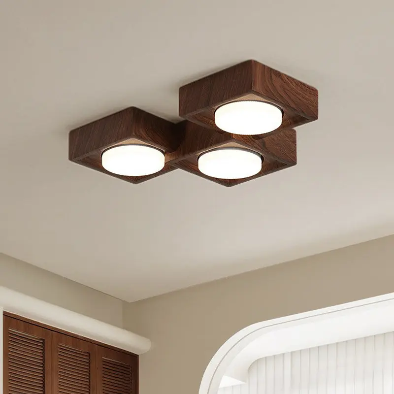 Traditional Vintage Iron & Resin Square Block-Style 2/3-Light Flush Mount Downlight Ceiling Light For Living Room & Bedroom