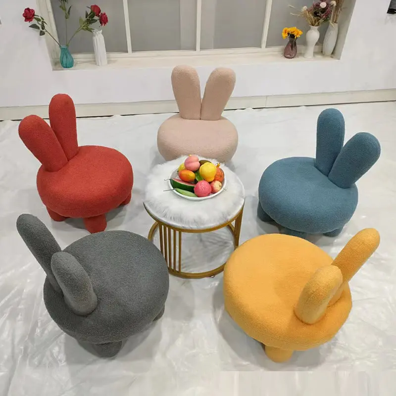 Modern Art Deco Round Rabbit Ears Cylinder Lambswool Wood Shoe Bench Low Stool For Living Room