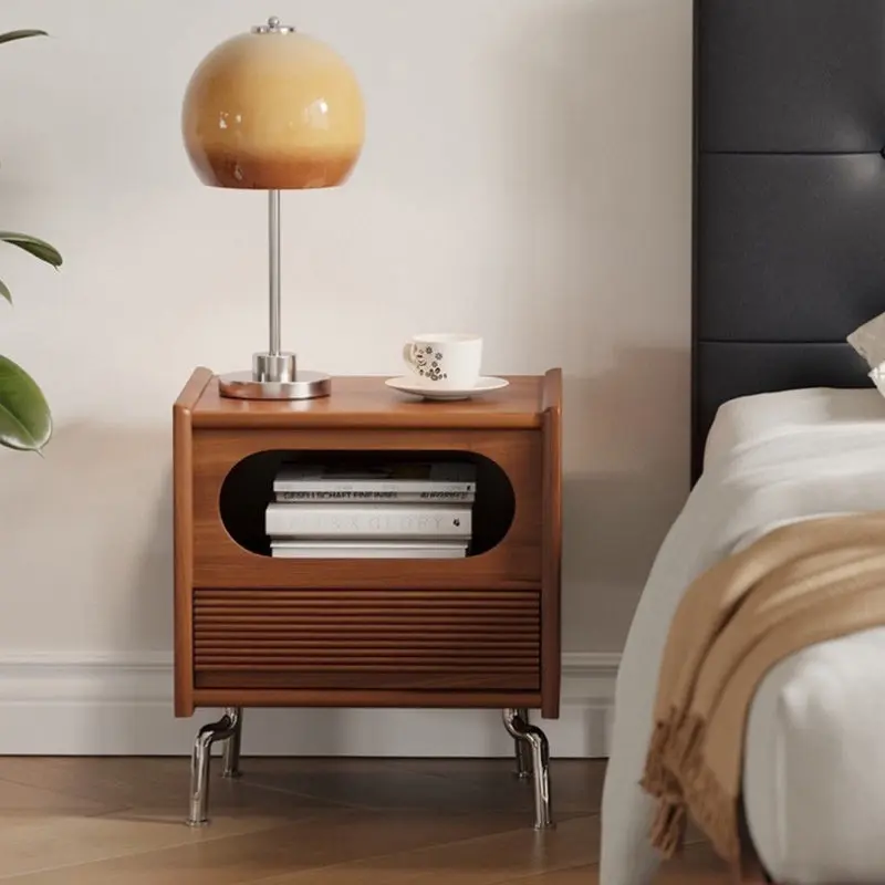 Traditional Vintage Square Pine Stainless Steel Nightstand 1-Drawer For Bedroom