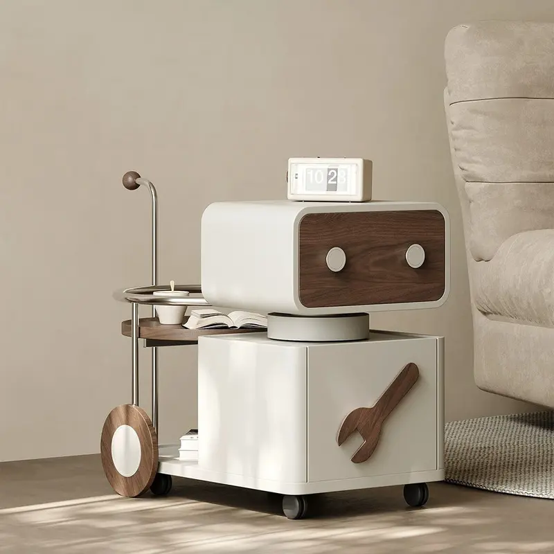Contemporary Creative Robot Rotatable Walnut Artificial Board Stainless Steel Aluminum Alloy Side Table 2 - Drawer For Living Room