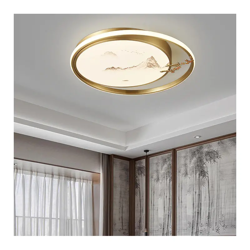 Traditional Chinese Round Feathers Magpie Lotus Fan Acrylic Copper LED Flush Mount Ceiling Light For Bedroom