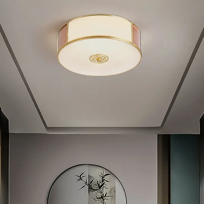Traditional Chinese Round Glass Iron Copper LED Flush Mount Ceiling Light For Bedroom
