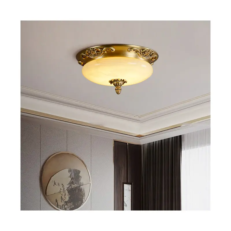 Traditional European Oval Carved Jade Copper LED Flush Mount Ceiling Light For Bedroom