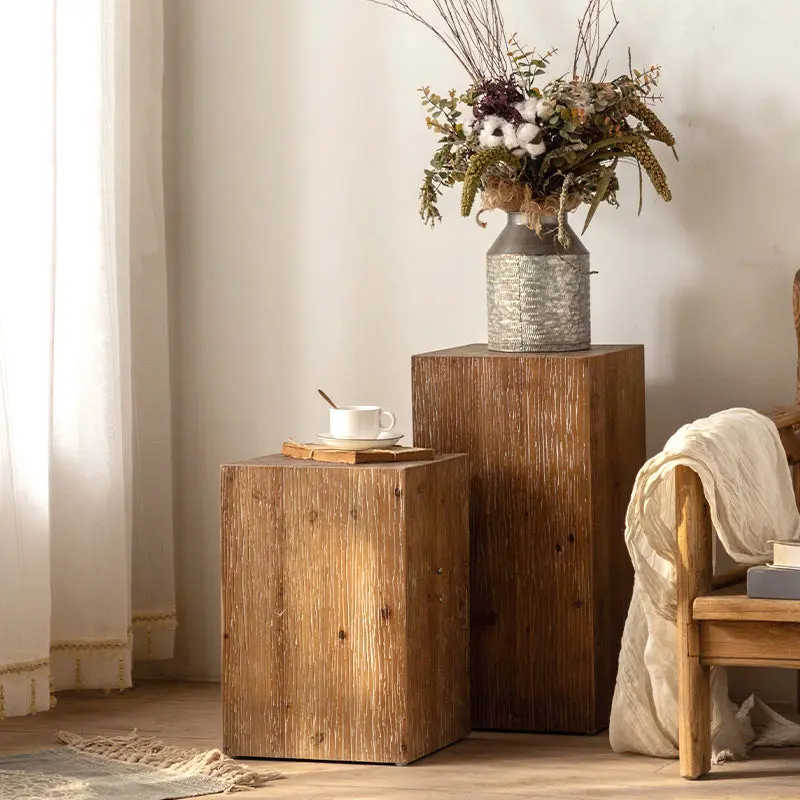 Traditional Rustic Rectangular Cube Chinese Fir Side Table 1 - Tier For Living Room