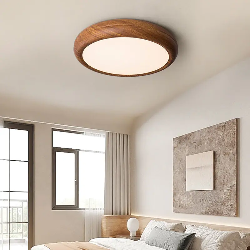 Traditional Japanese Iron Walnut Wood Grain Round Acrylic Shade LED Flush Mount Ceiling Light For Living Room