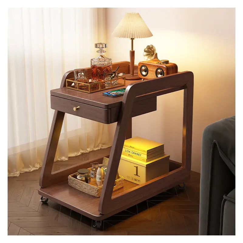 Modern Minimalist Solid Wood Rectangular Side Table With Drawer & Wheels, 2-Tier End Table For Living Room